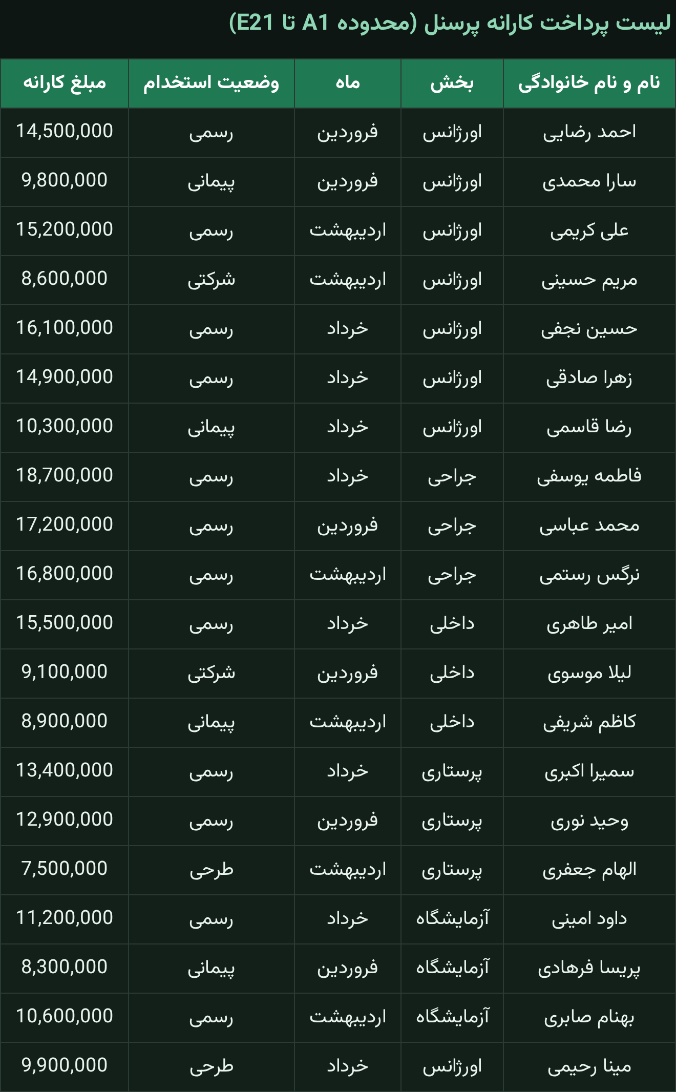 جدول لیست پرداخت کارانه پرسنل شامل بخش ماه وضعیت استخدام و مبلغ کارانه