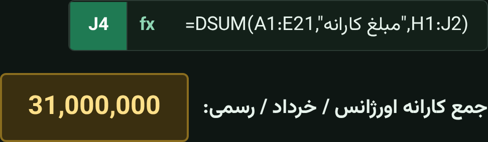 فرمول Dsum در نوار فرمول اکسل و نتیجه جمع کارانه سی و یک میلیون ریال