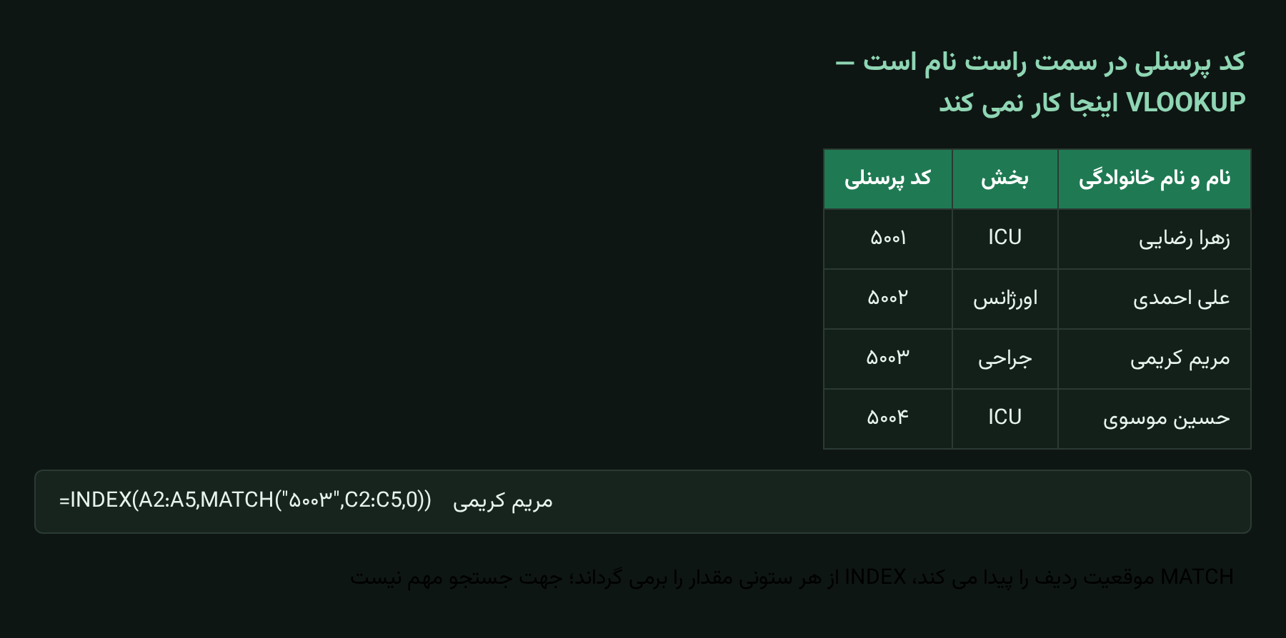 جستجوی راست به چپ کد پرسنلی با INDEX و MATCH به جای VLOOKUP در اکسل