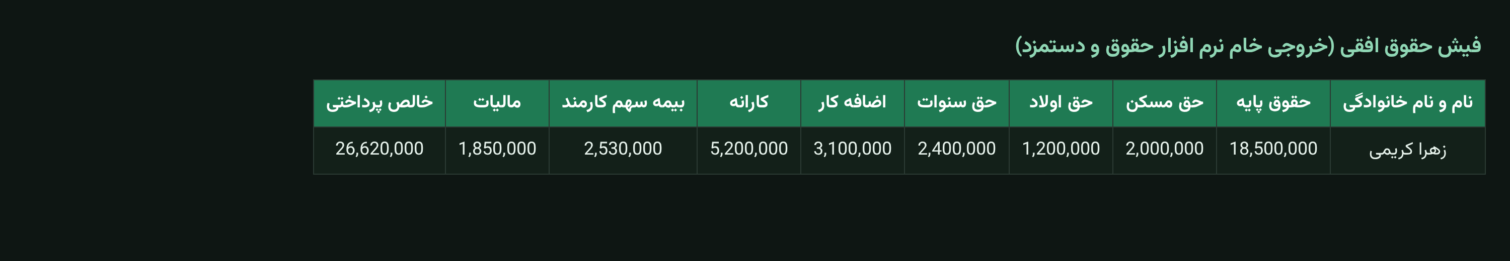 فیش حقوق افقی نمونه خروجی خام نرم افزار حقوق و دستمزد با اقلام حقوقی در ستون ها