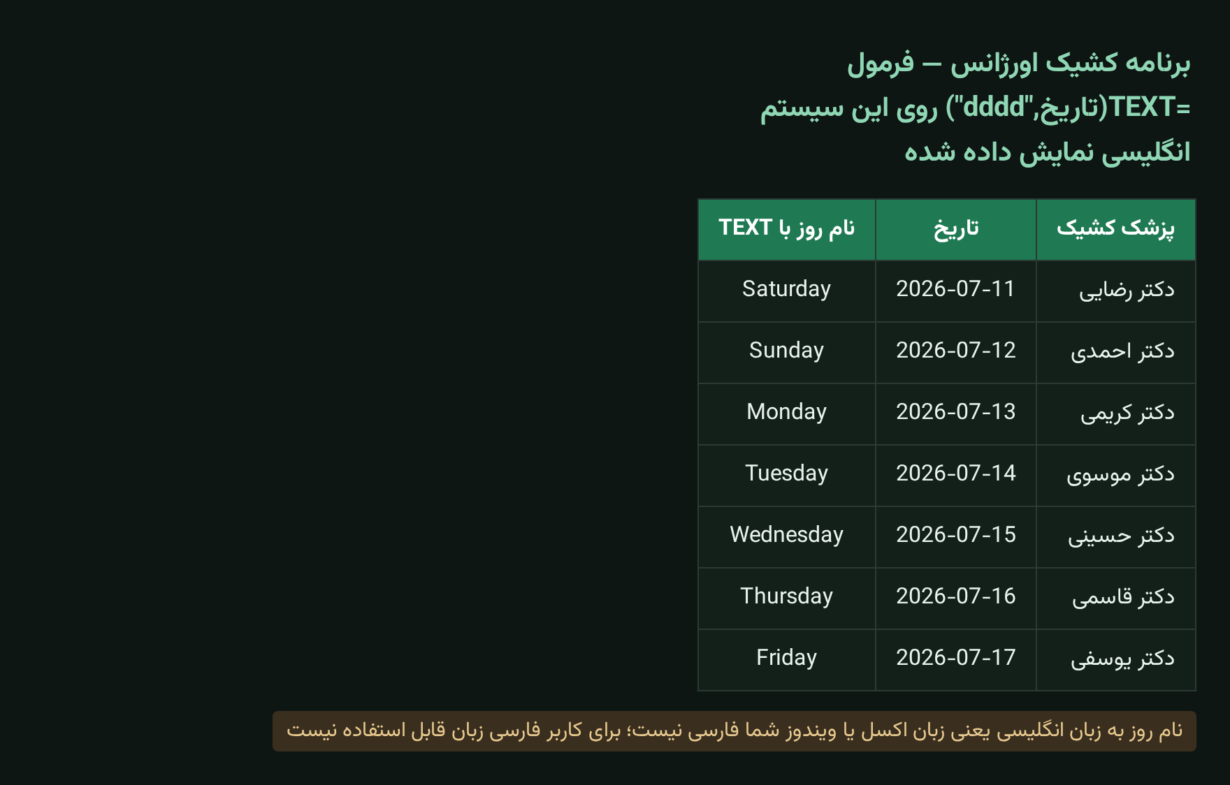 فرمول TEXT با فرمت dddd نام روز هفته را به انگلیسی نمایش می دهد در اکسل
